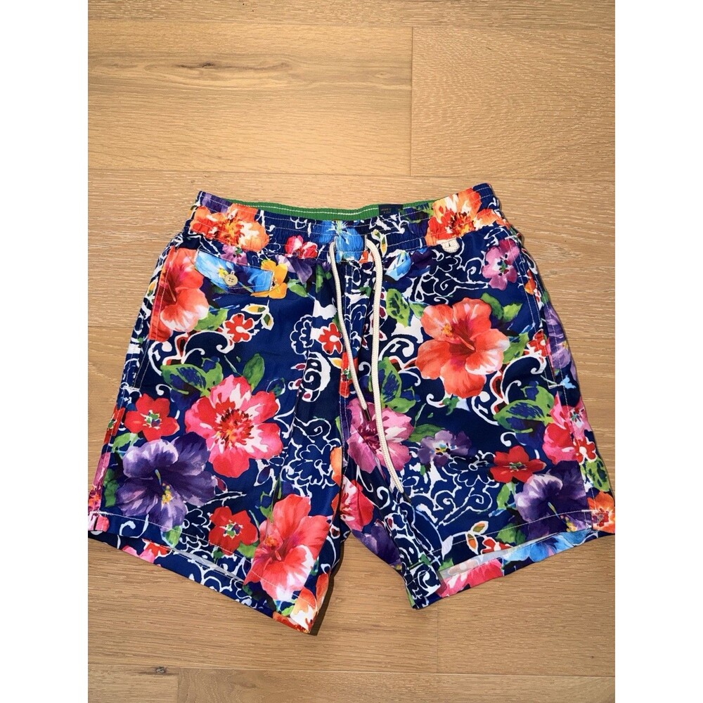 Polo Ralph Lauren Mens Small Blue Floral Print Swim Trunks Shorts Liner Pockets